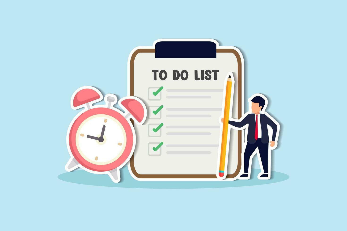 To do list, task management or completion tracking or reminder to finish assignment, work planning or schedule concept, productive businessman with pencil and to do list clipboard with alarm clock. vector