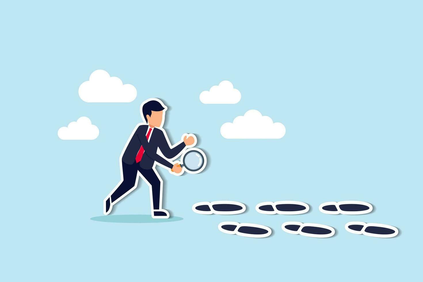 Business success footprint, aim high growth and surpass with bigger steps or career path or working skill development concept, smart businessman using magnifying glass investigating bigger foot steps. vector