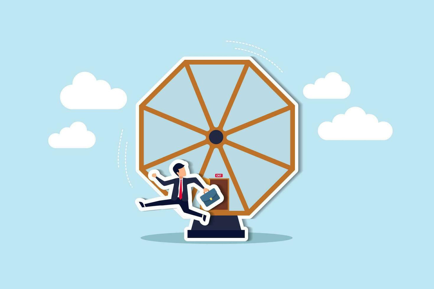 Exit rat race, breaking work routine escape from disappoint paychecks or toxic daily work environment concept, confident smart businessman running from opening exit door from trapped rat race wheel. vector