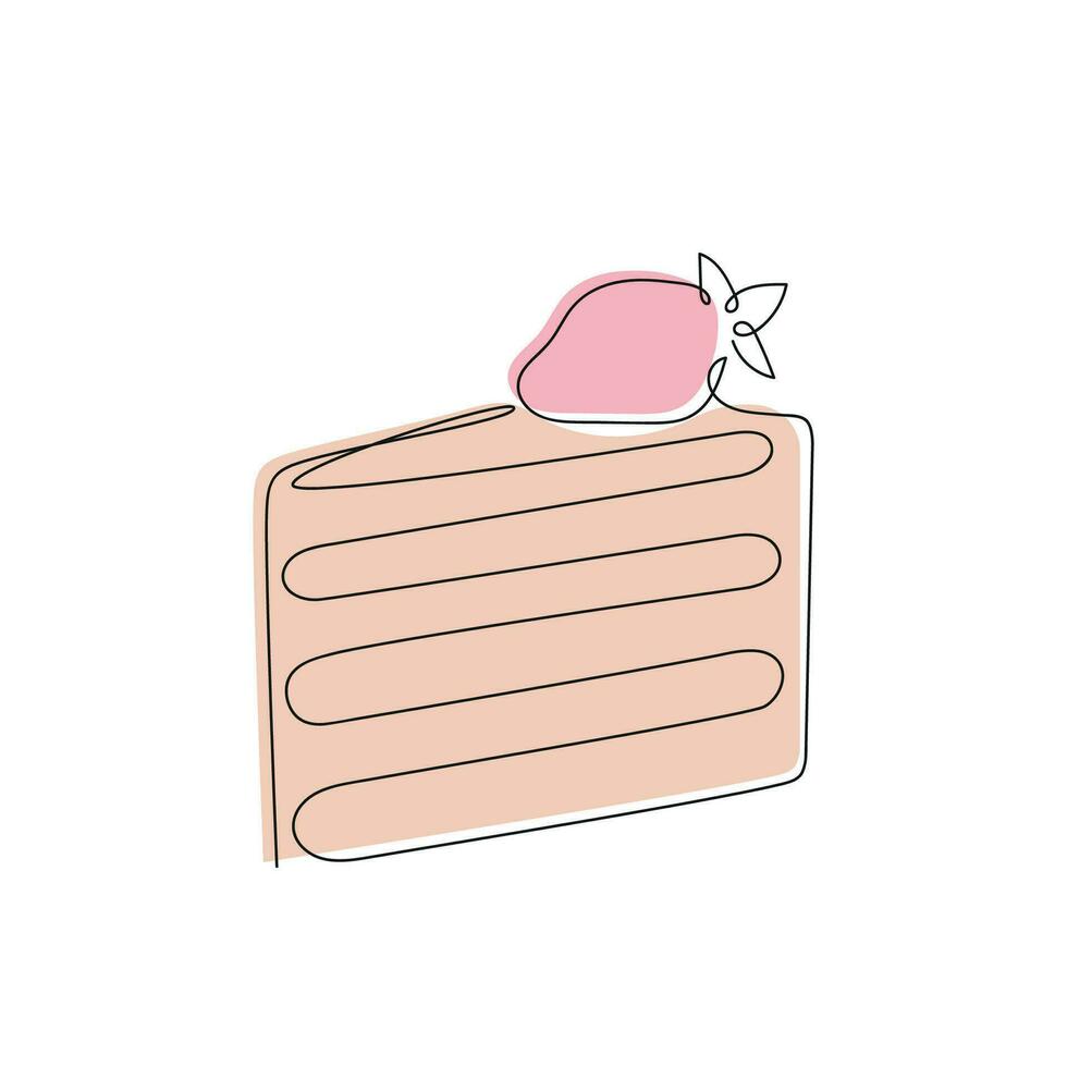 Cake with strawberry drawn in one continuous line in color. One line drawing, minimalism. Vector illustration.