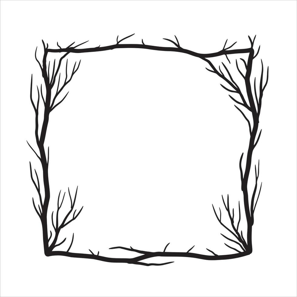 Tree frame, floral square border. Plant and twig decoration isolated on white background. black outline silhouette. decorative vintage scary element. Dark forest concept. vector