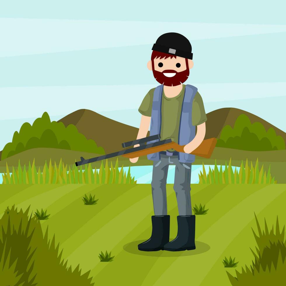 Man hunter with a gun. Survival in the woods. Equipment for hunting animals. Green forest, trees, field, bushes. Shooter and weapon. Cartoon flat illustration. Summer season. Guy with the rifle vector