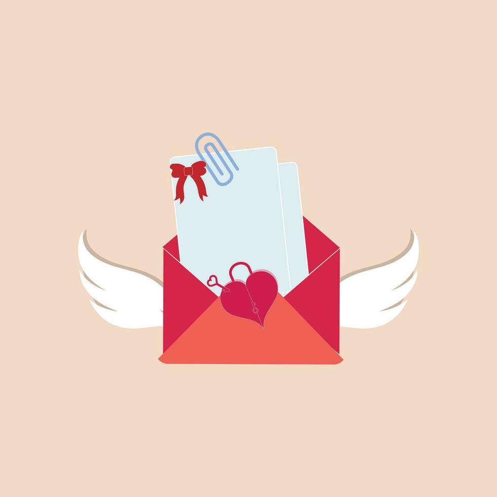 papel sobre correo con ángel ala y corazón en rosado fondo, amor letras clipart para contento San Valentín día concepto. vector