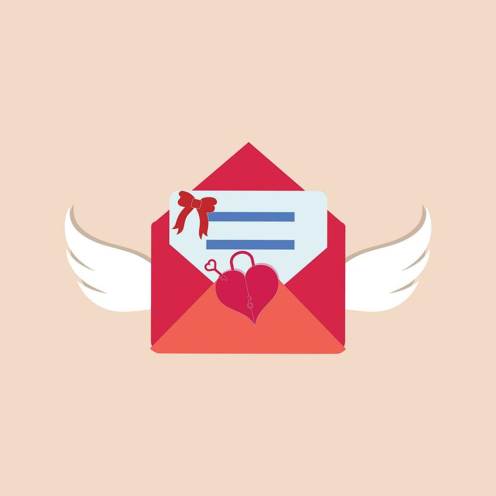 papel sobre correo con ángel ala y corazón en rosado fondo, amor letras clipart para contento San Valentín día concepto. vector