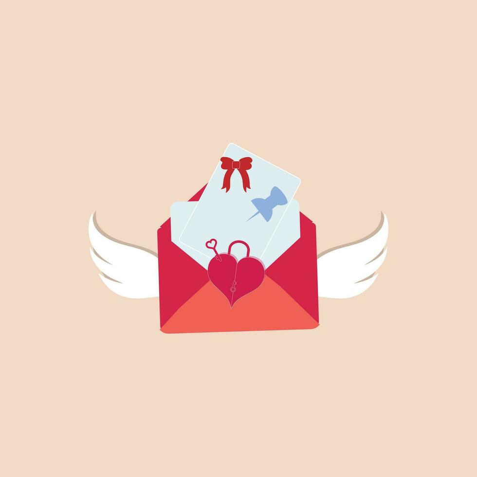 papel sobre correo con ángel ala y corazón en rosado fondo, amor letras clipart para contento San Valentín día concepto. vector