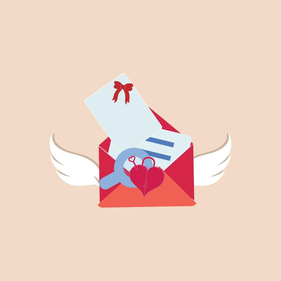 papel sobre correo con ángel ala y corazón en rosado fondo, amor letras clipart para contento San Valentín día concepto. vector