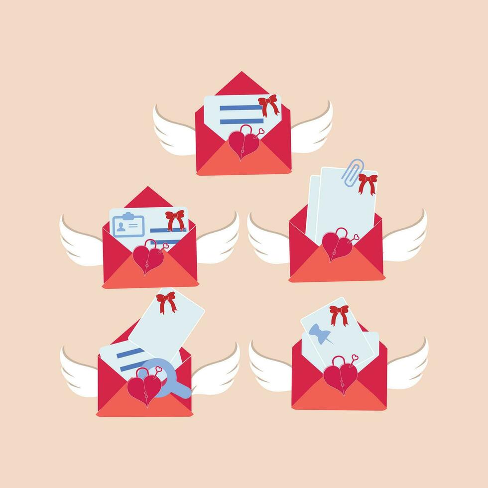 papel sobre correo con ángel ala y corazón en rosado fondo, amor letras clipart para contento San Valentín día concepto. vector