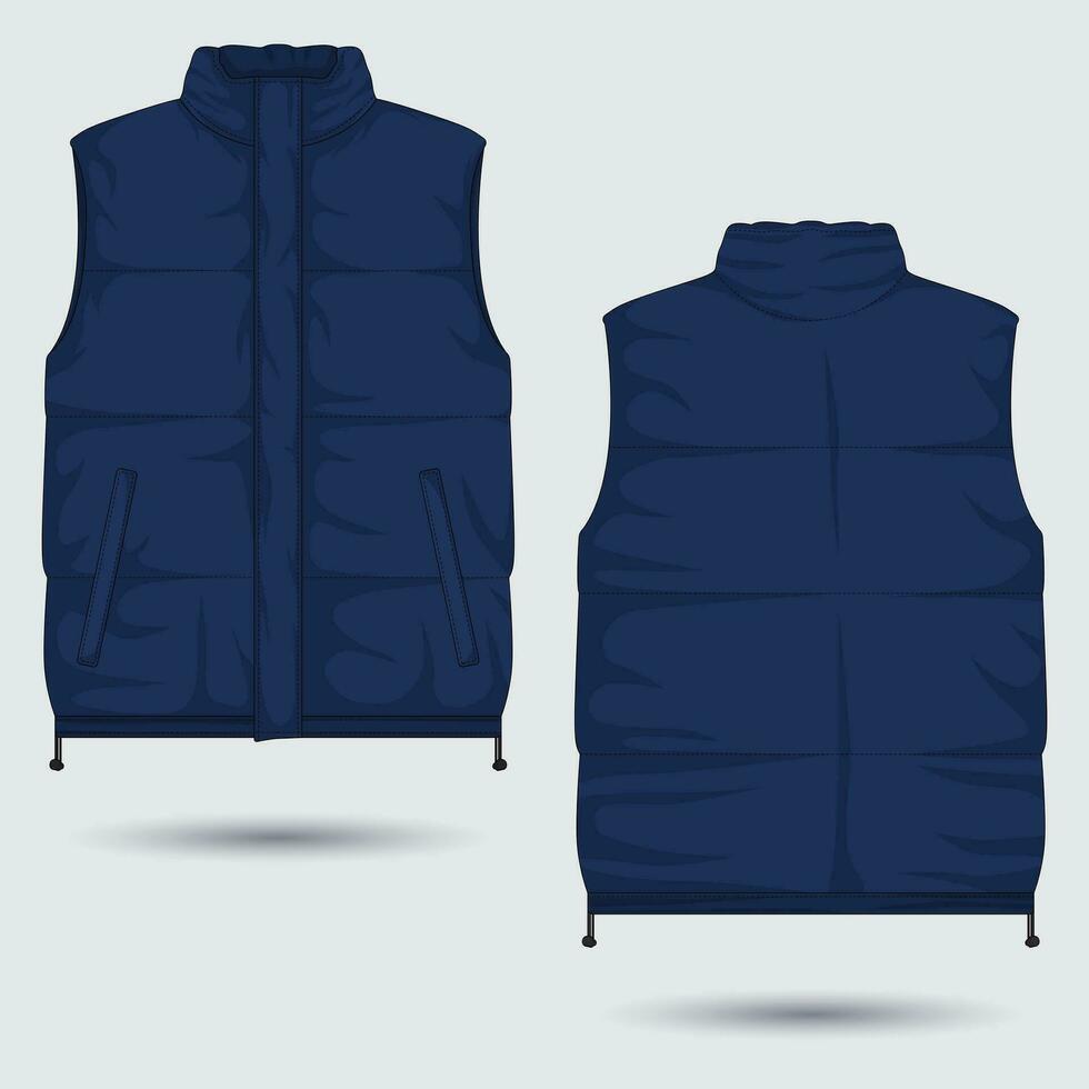 Blue bubble vest mockup front and back view. Sleeveless vest. Vector illustration