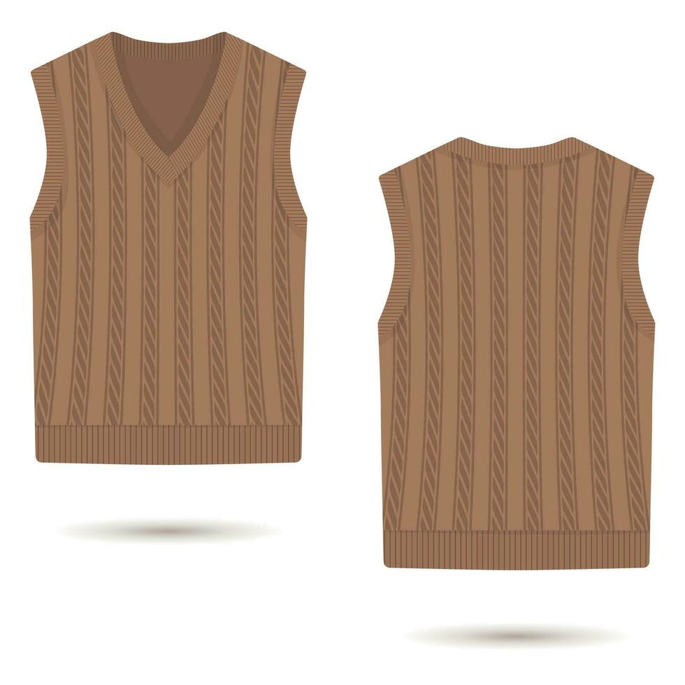 Brown cable knit vest template, front and back view vector