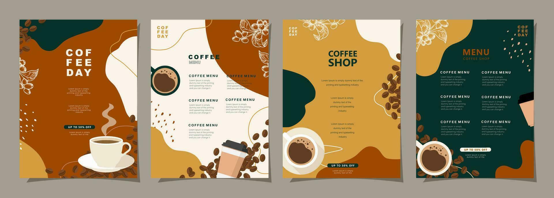 conjunto de bosquejo pancartas con café frijoles y hojas en mínimo antecedentes para invitaciones, tarjetas, bandera, póster, cubrir, café menú o otro modelo diseño. vector ilustración.