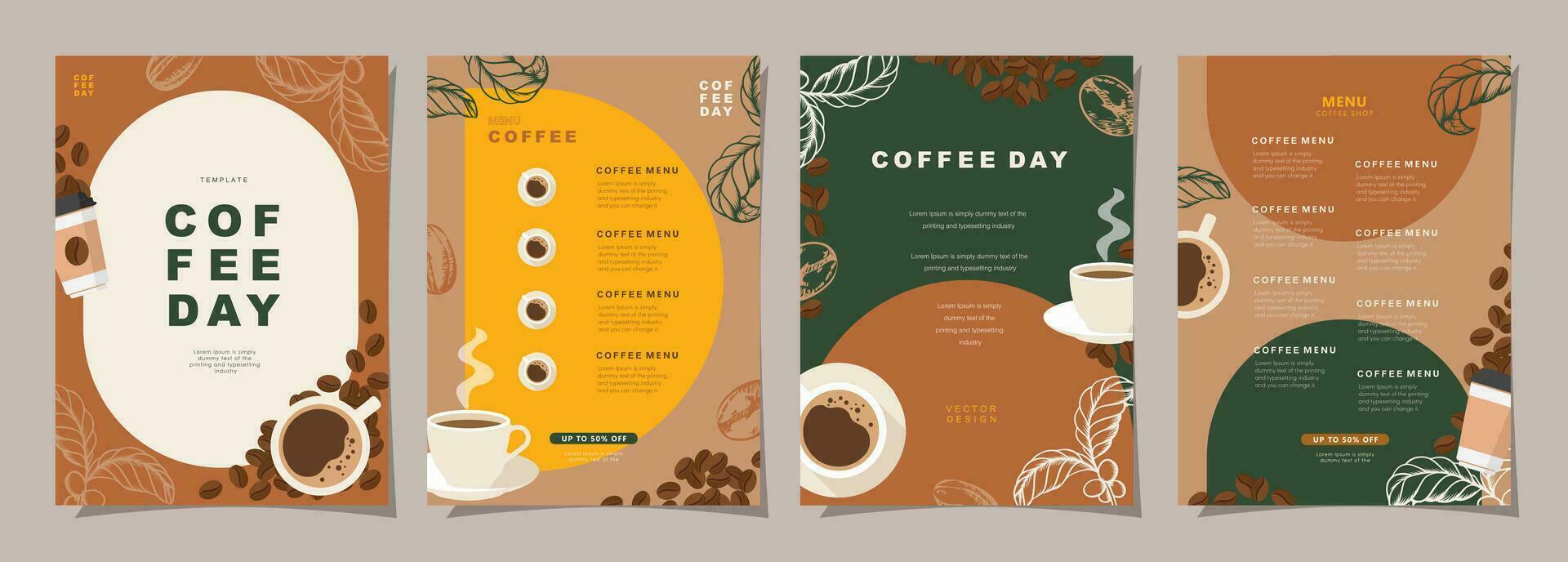 conjunto de bosquejo pancartas con café frijoles y hojas en mínimo antecedentes para invitaciones, tarjetas, bandera, póster, cubrir, café menú o otro modelo diseño. vector ilustración.