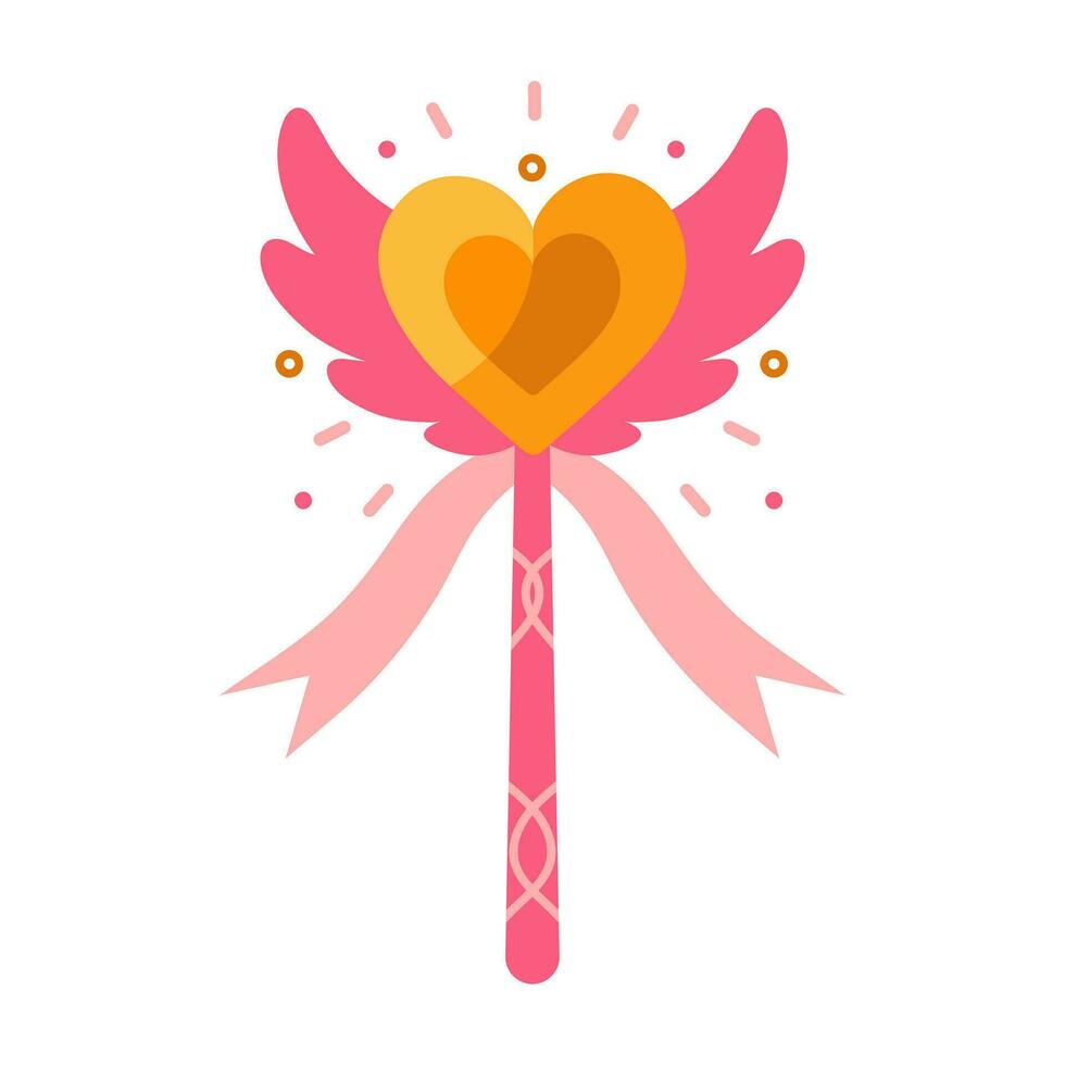 Magic wand vector icon. Pink stick with ornament, gold heart with wings and ribbon. A shining tool for a wizard, fairy, princess. A colorful toy for tricks, love wishes. Flat cartoon clipart for print