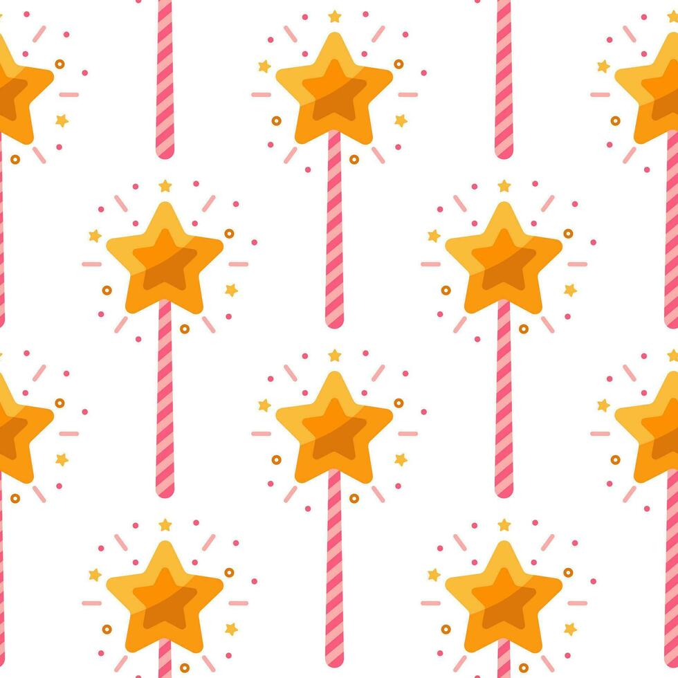 Magic wand seamless vector pattern. Pink striped stick with a shining gold star. A sparkling tool for a wizard, fairy, princess. A colorful toy for tricks, wishes. Flat cartoon background for print