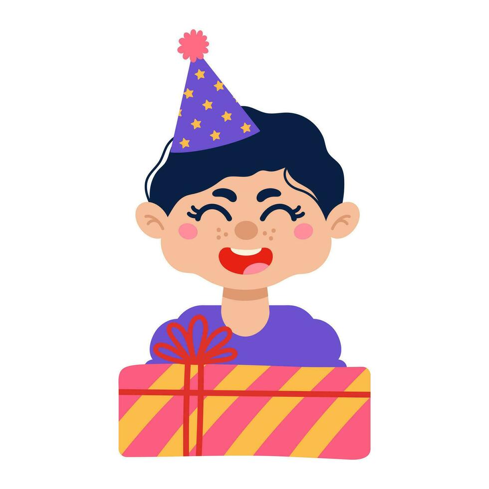 A cheerful boy celebrates his birthday, vector illustration. A child in a party hat holds a surprise gift box. Cute kid smiles, has fun at a holiday. Flat cartoon colorful clipart isolated on white