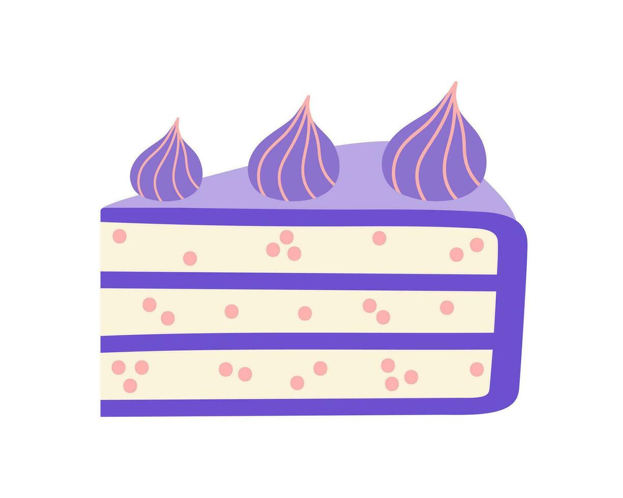 Piece of birthday cake, vector icon. Tasty dessert with biscuit, cream, meringue, purple icing and mastic. Baking slice isolated on white. Sweet pastry. Flat cartoon clipart for cards, invitations