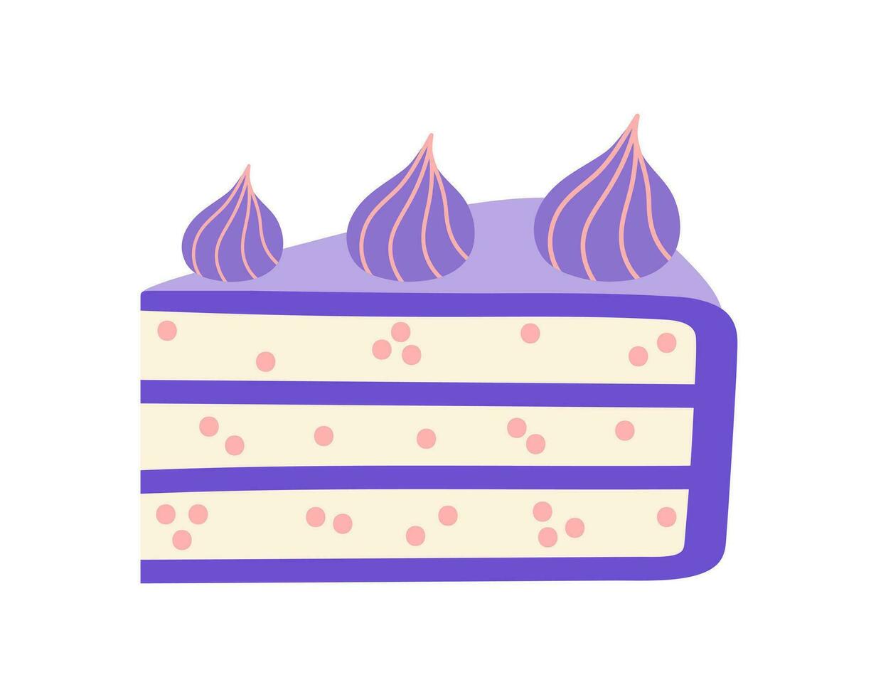 pedazo de cumpleaños pastel, vector icono. sabroso postre con galleta, crema, merengue, púrpura Formación de hielo y masilla. horneando rebanada aislado en blanco. dulce Pastelería. plano dibujos animados clipart para tarjetas, invitaciones