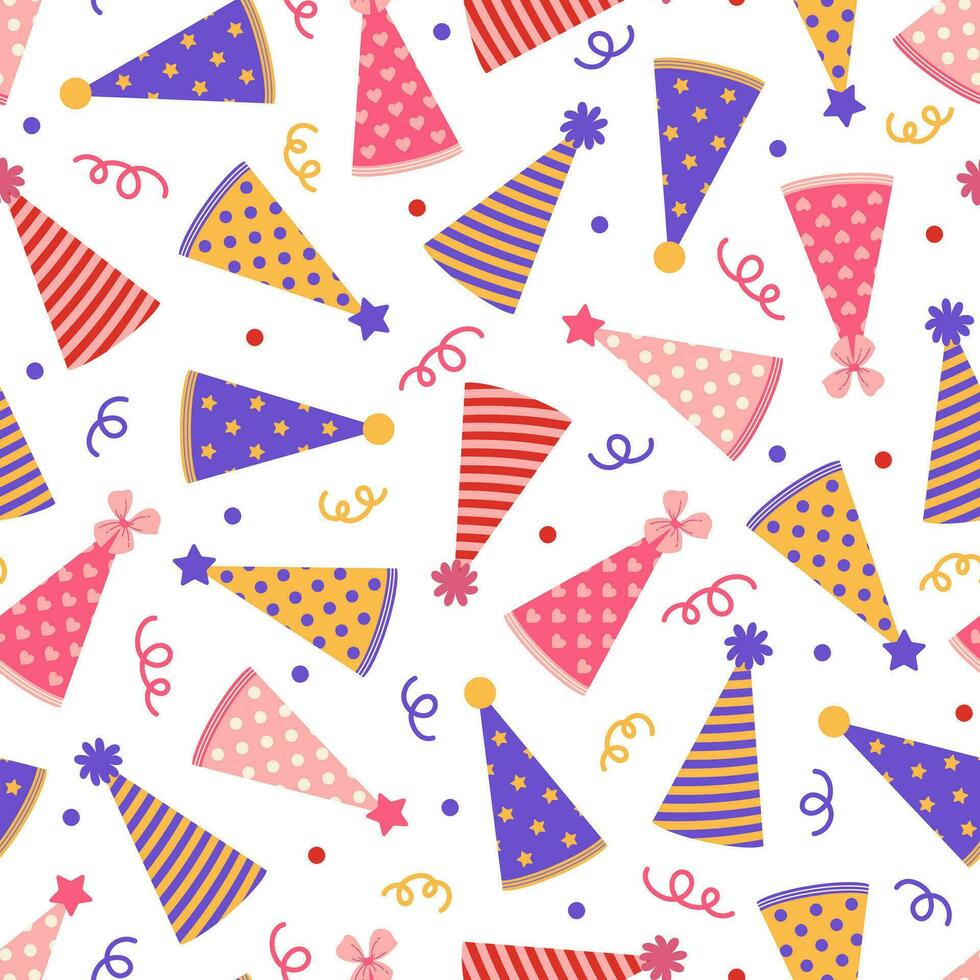 Party hats seamless vector pattern. Caps for birthday, festival, holiday. Cones with stripes, stars, hearts, polka dots. Paper headdress for kids, colorful confetti. Flat cartoon background for print