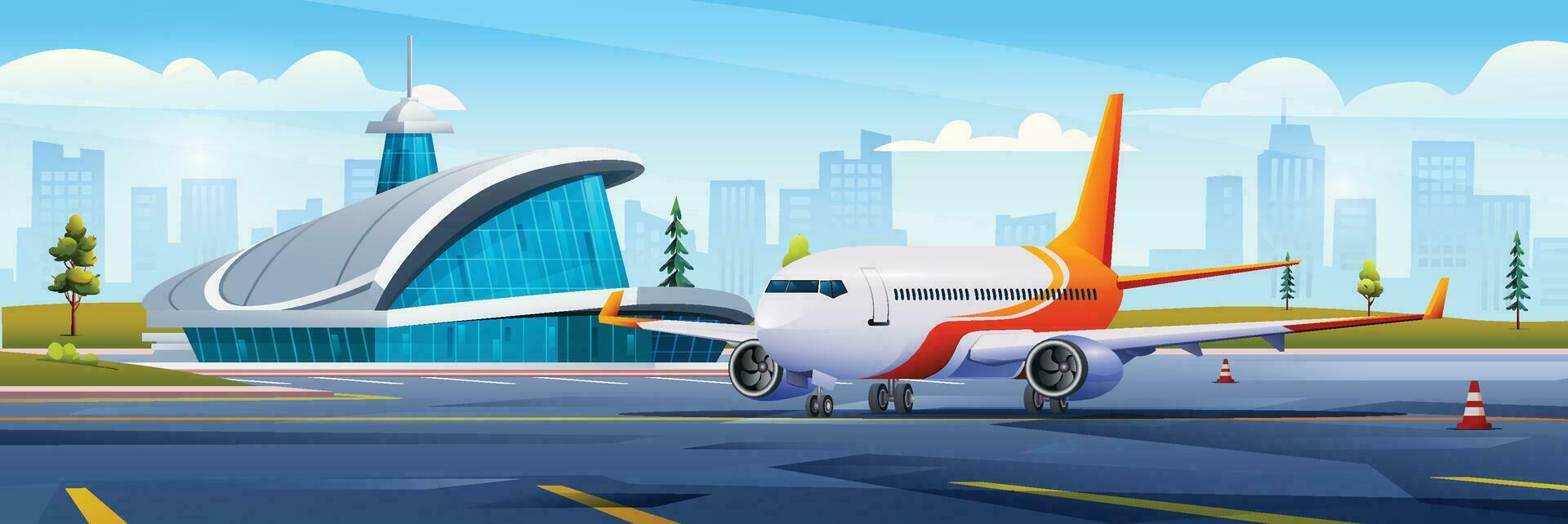 International airport building with airplane and city landscape background vector cartoon illustration