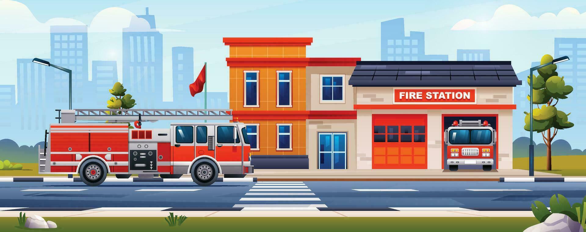 Fire station building with fire trucks on cityscape background. Vector cartoon illustration