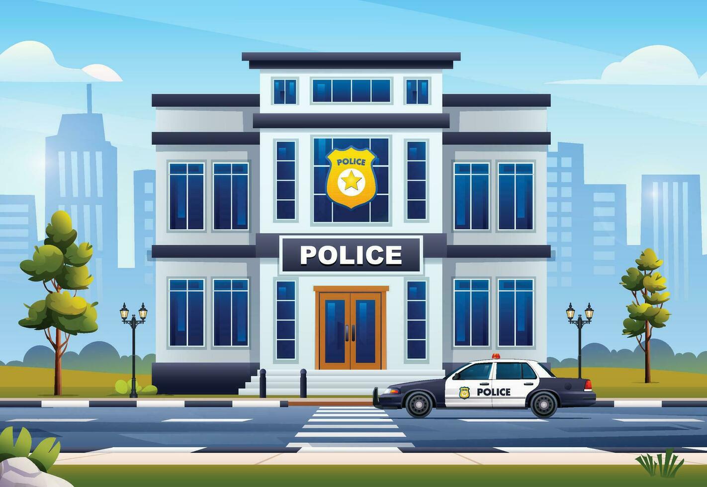 policía estación edificio con patrulla coche en paisaje urbano antecedentes. vector dibujos animados ilustración