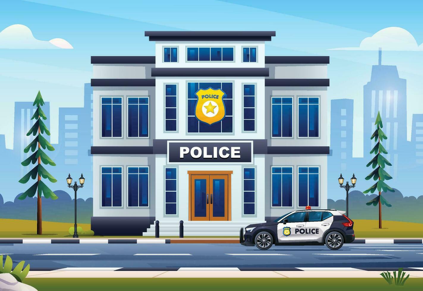 Police station building with patrol car and city landscape. Vector cartoon illustration