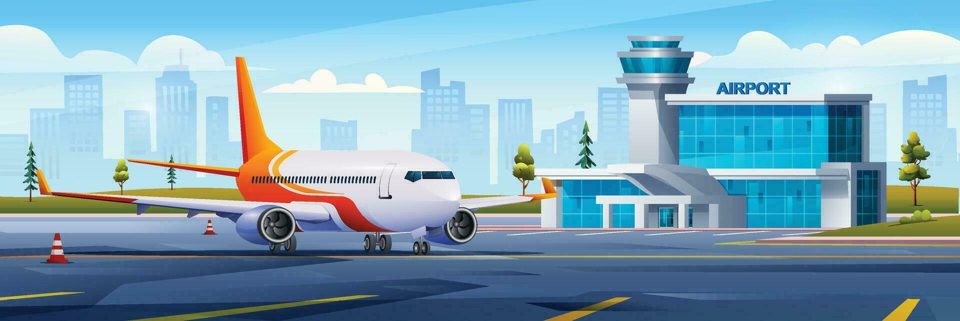 International airport building with airplane on cityscape background vector cartoon illustration