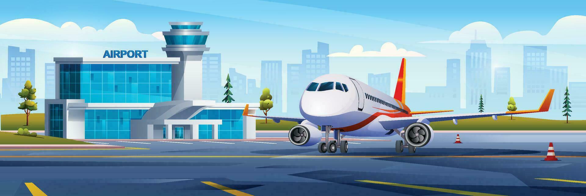 International airport building with airplane on cityscape background. Vector cartoon illustration