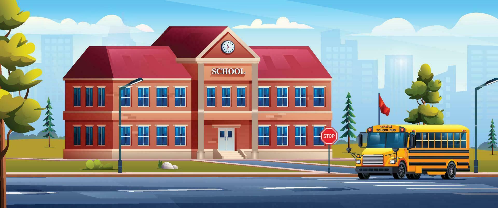 School building with yellow school bus on cityscape background vector cartoon illustration