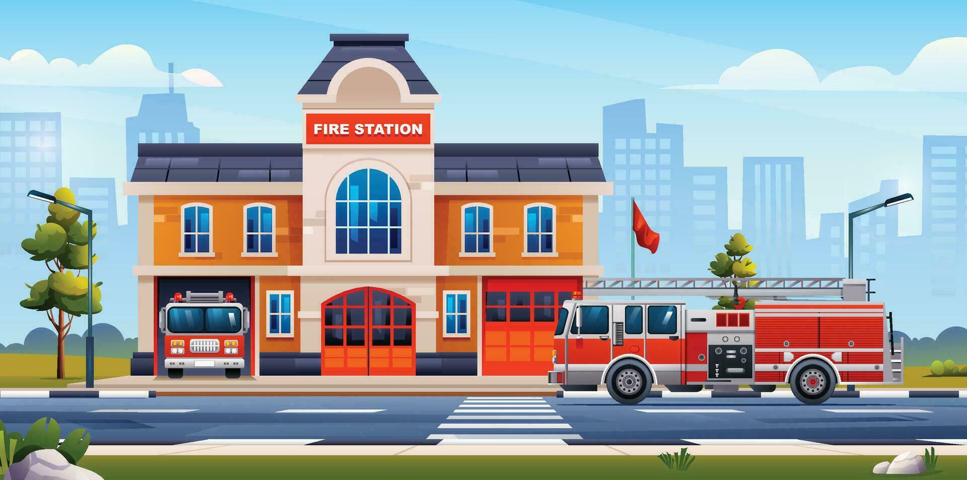 Fire station building with fire trucks on cityscape background. Fire department vector cartoon illustration