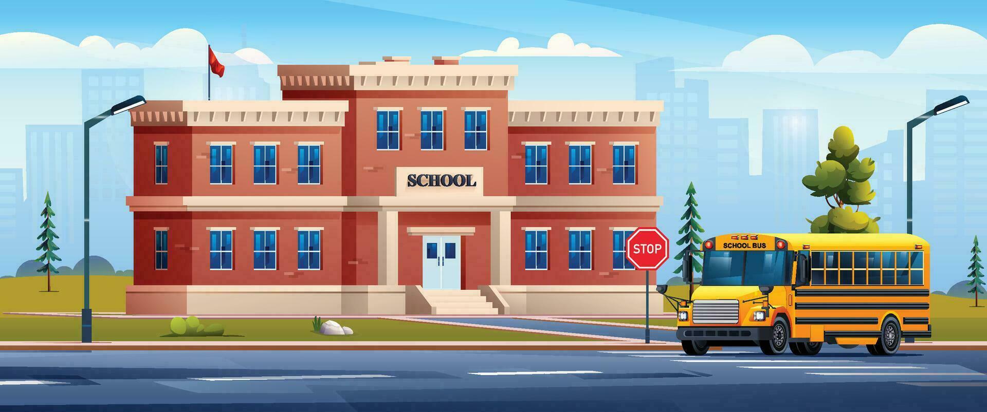 School building with school bus on cityscape background vector cartoon illustration