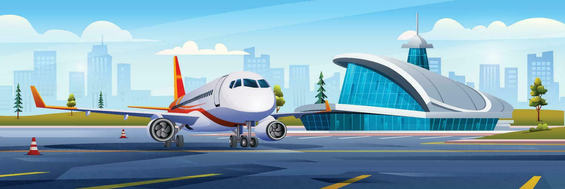 International airport building with airplane, terminal, gate, runway and city landscape. Vector cartoon illustration