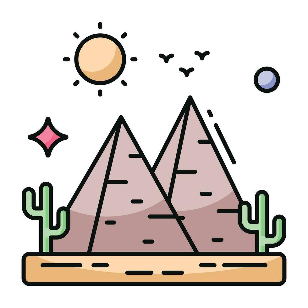 A unique design icon of mountains with sun showcasing hills weather vector