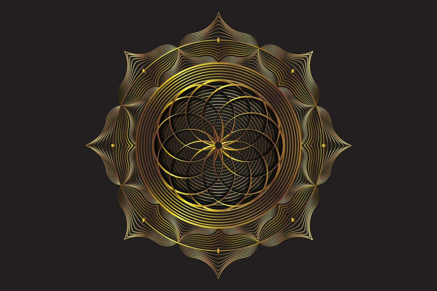 Gold Sacred lotus mandala, Mystical Flower of Life. Sacred geometry, vector logo graphic element isolated. Mystic icon seed of life, luxury abstract geometric esoteric flower on black background