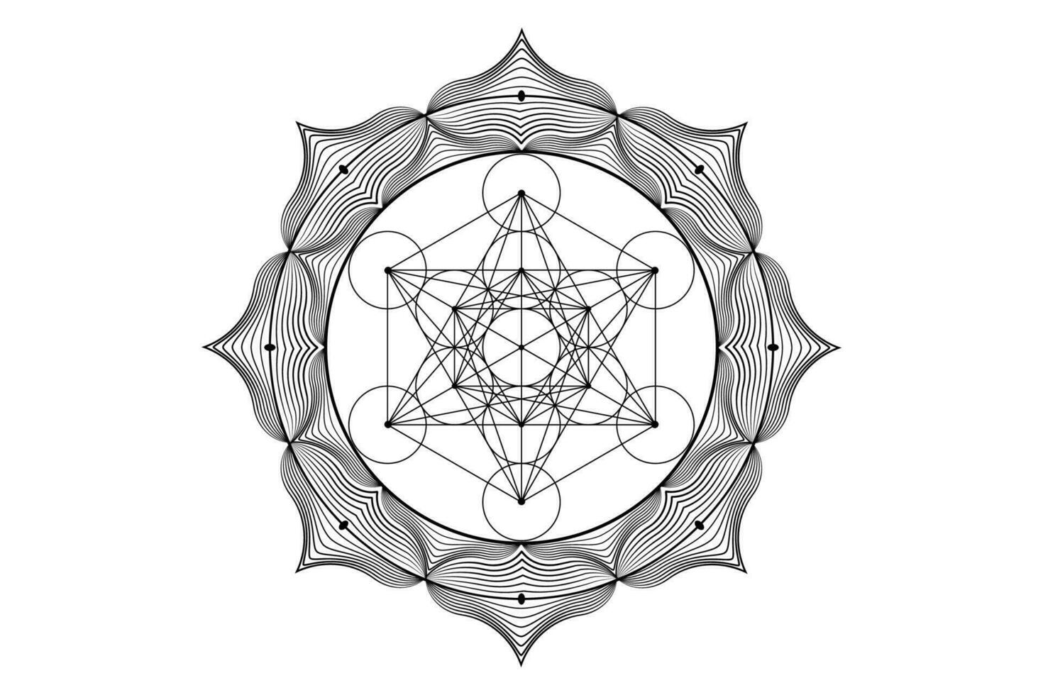 Sacred mandala of Metatrons Cube, Mystical Flower of Life. Sacred geometry, graphic element Vector isolated Illustration. Mystic icon platonic solids, abstract geometric drawing, typical crop circles