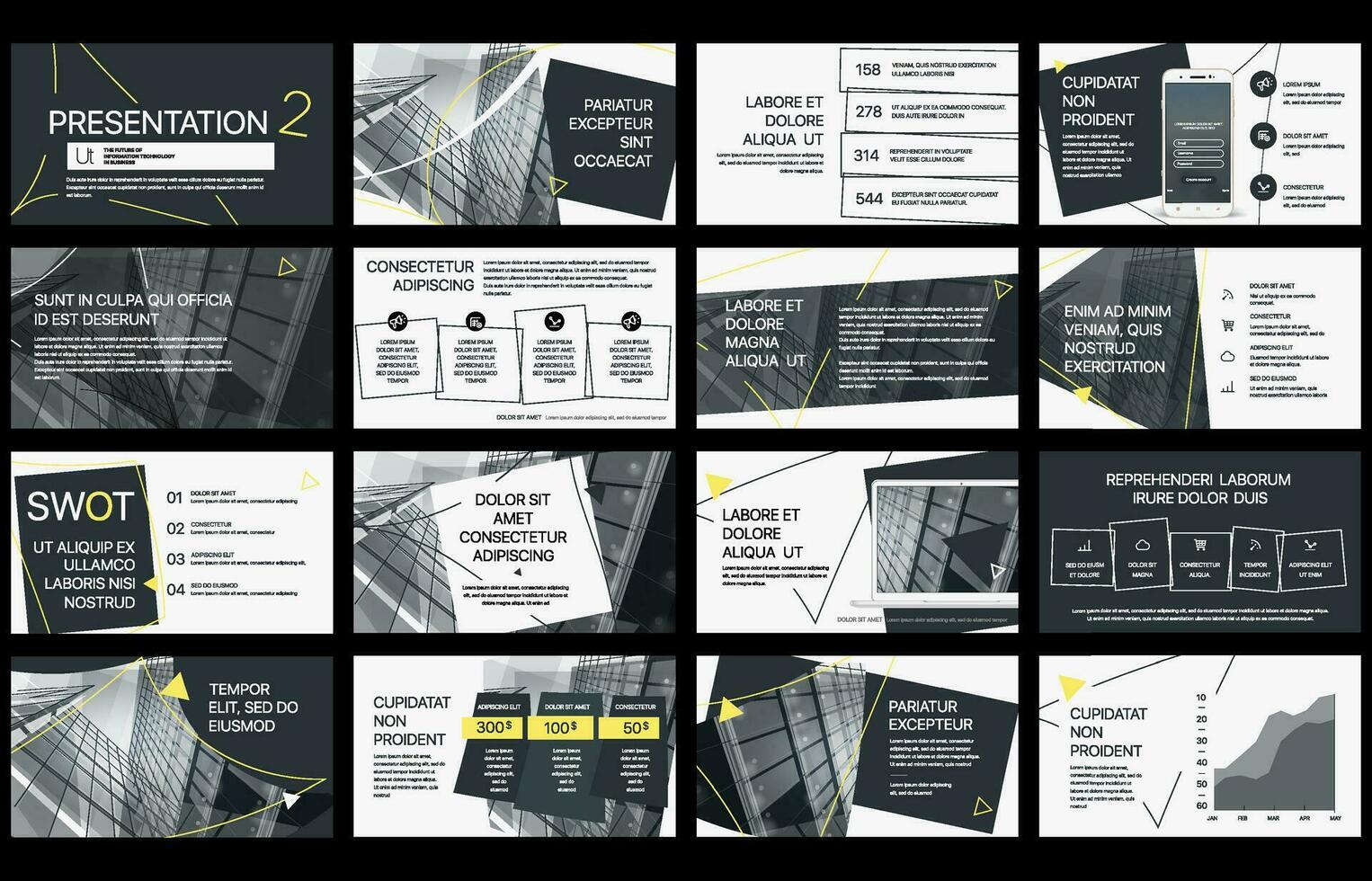 Geometric presentation templates. Infographic elements on white background. Vector slide template for business project presentations and marketing.