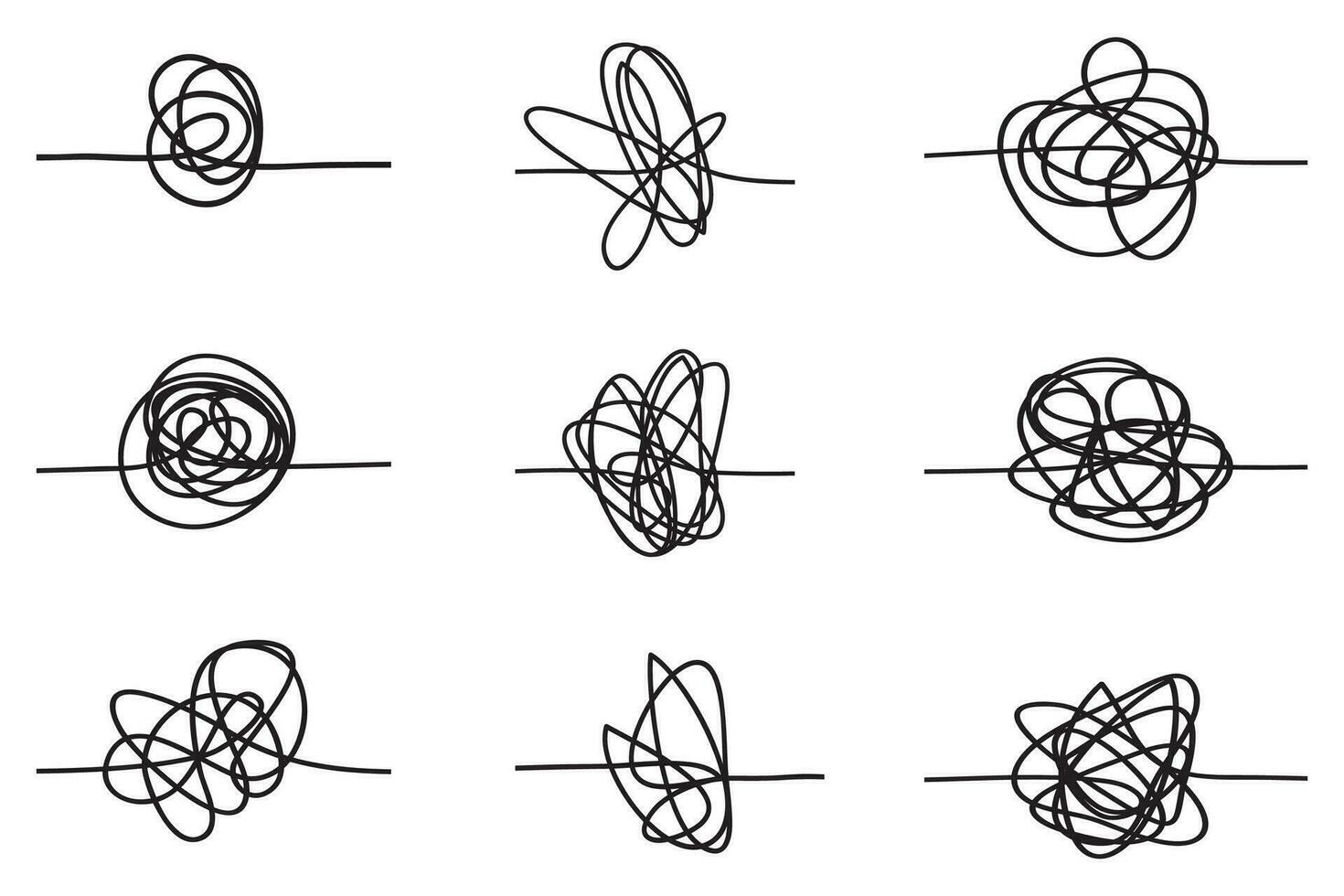 Set of random chaotic lines. Hand drawing insane tangled scribble clew. Vector icon isolated on white background.