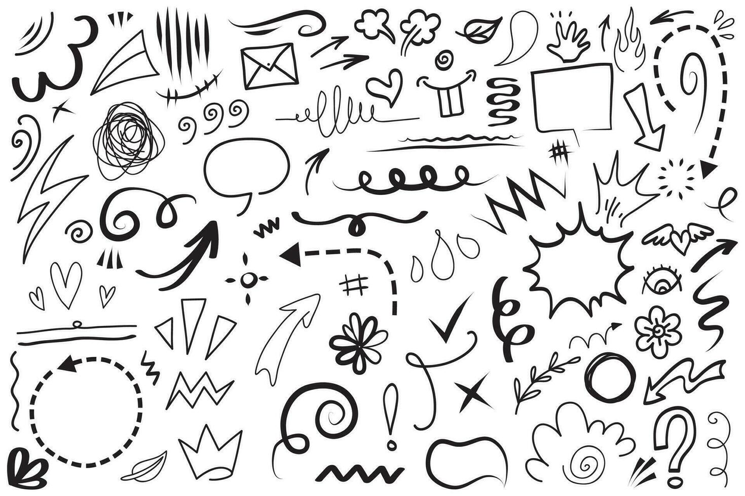 Conjunto de vectores de doodle de signo de expresión de dibujos animados dibujados a mano, flechas direccionales de curva, elementos de diseño de efectos de emoticonos, símbolos de emoción de personaje de dibujos animados, lindas líneas de trazo de pincel decorativo.