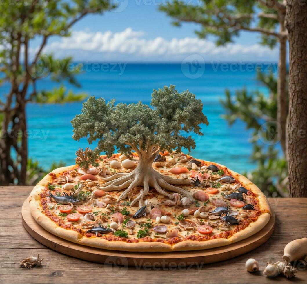 ai generado Pizza con mar y árbol en un de madera mesa en frente de el mar foto