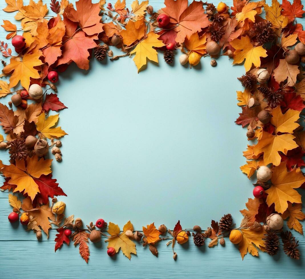 AI generated Autumn leaves frame on blue background. Top view with copy space photo