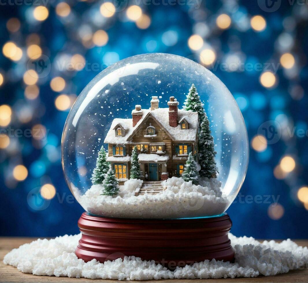 AI generated Snow globe with Christmas tree and house in snow on bokeh background photo