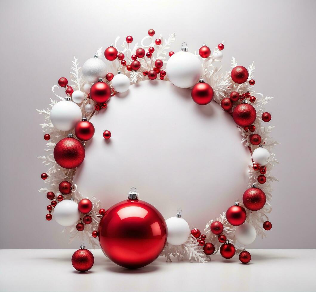 AI generated Christmas wreath with red and white baubles on a white background photo