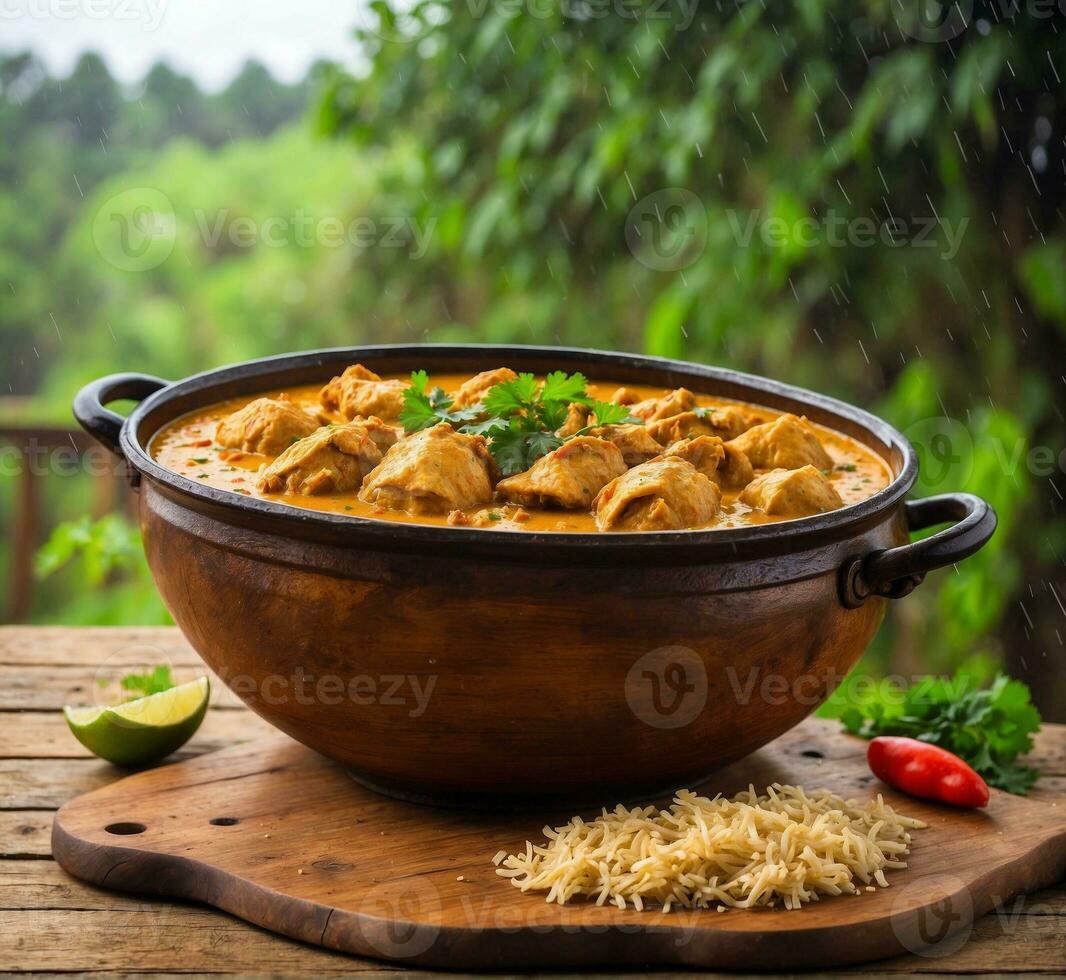 AI generated Chicken tikka masala or chicken tikka masala in a clay bowl on a wooden background photo