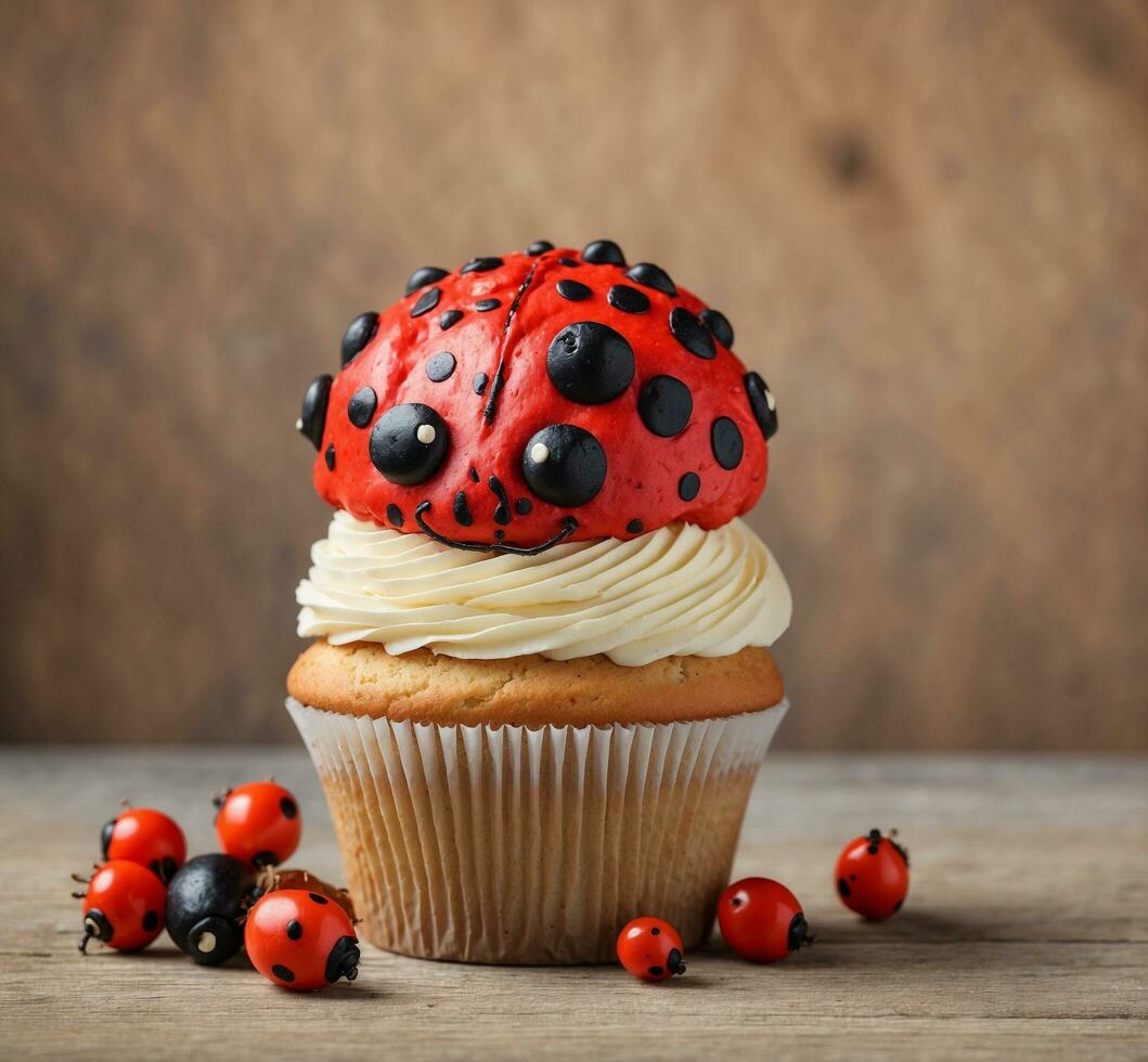 AI generated Cupcake with ladybug and ladybug on wooden background. photo