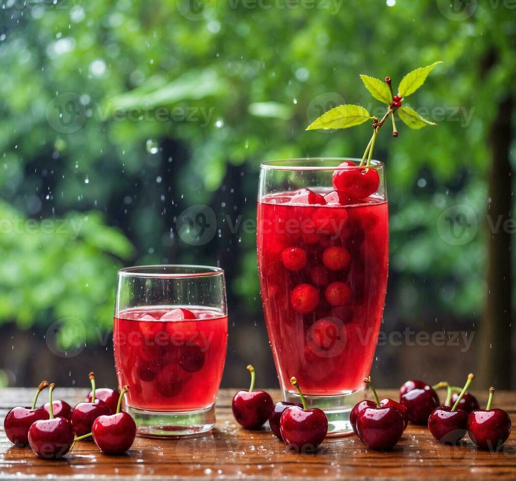 AI generated Cherry juice in a glass and fresh cherries on wooden table photo