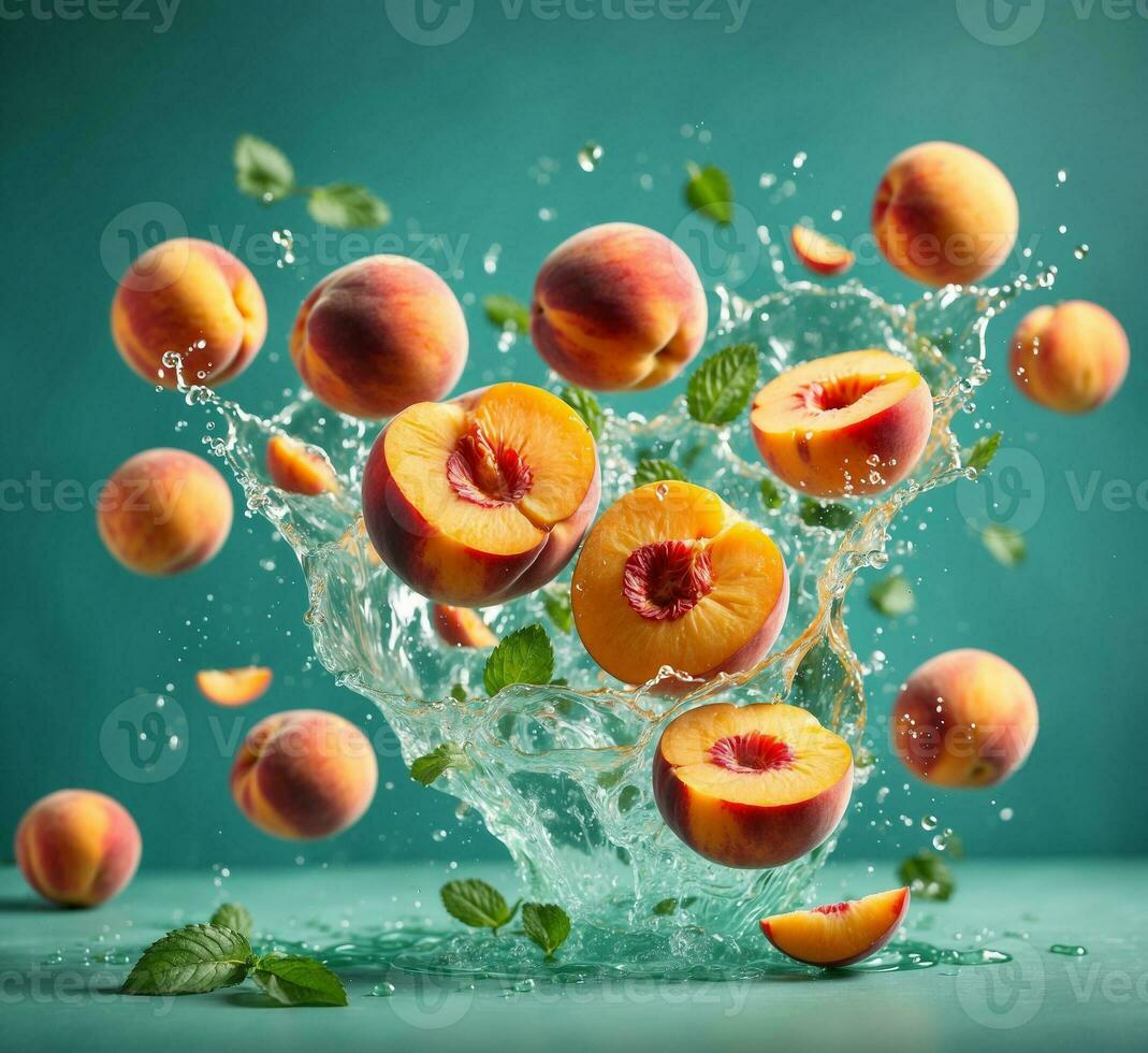 AI generated Fresh ripe peaches falling into the water with a splash on a turquoise background photo