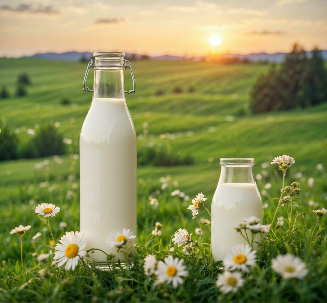 ai generado botella de Leche en un verde prado con margaritas foto