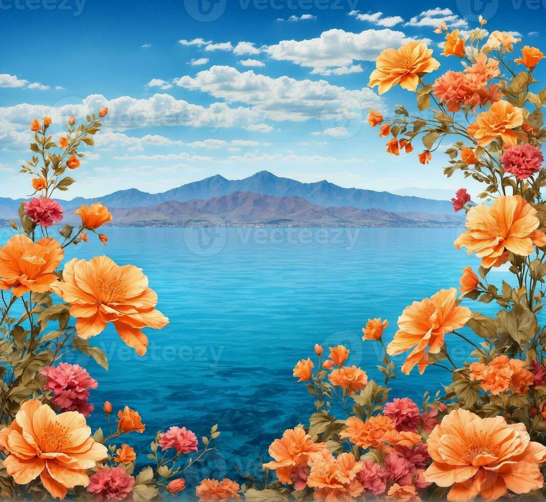 AI generated Beautiful summer flowers on the background of the sea and mountains. photo