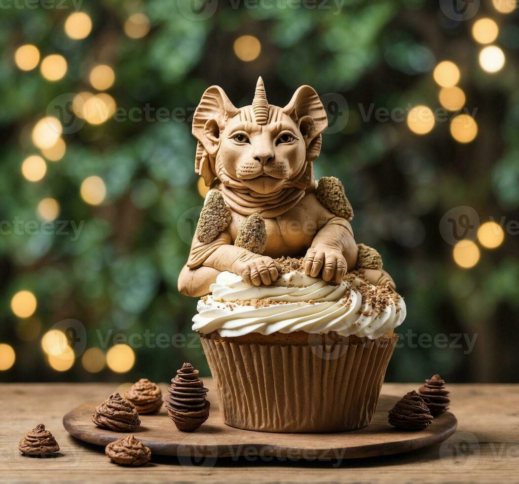 AI generated Cupcake with a lion in the form of a cat on the background of the Christmas tree photo
