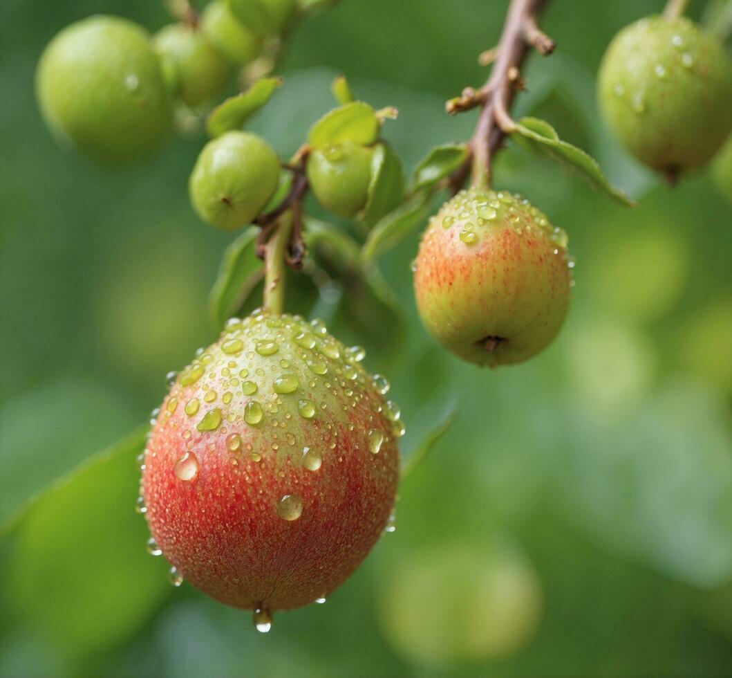 AI generated Close up of wet apples on a tree branch with dew drops photo