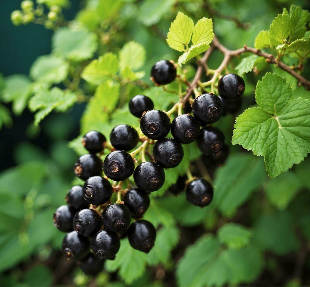 AI generated black currant bush with ripe berries on a background of green leaves photo